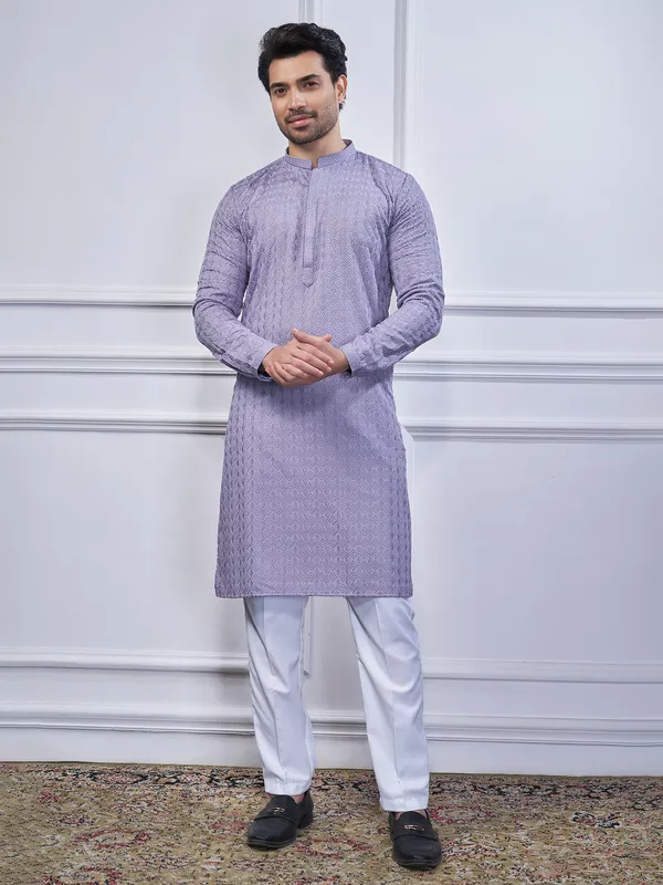 Lilac purple cotton festival wear kurta suit