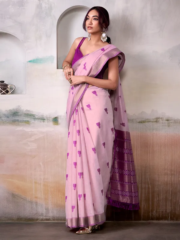 Lilac purple cotton saree with bold motifs