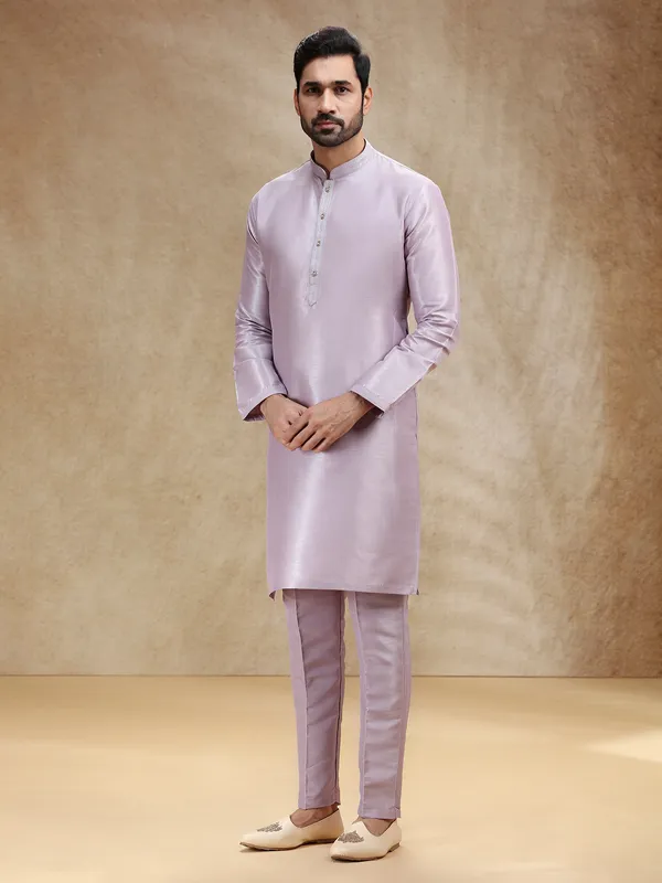 Lilac purple cotton silk kurta pajama for men