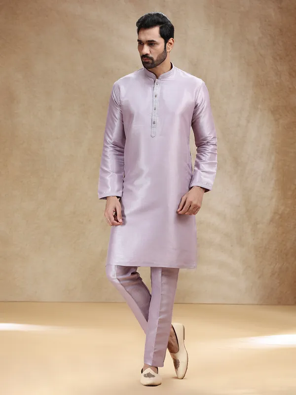 Lilac purple cotton silk kurta pajama for men