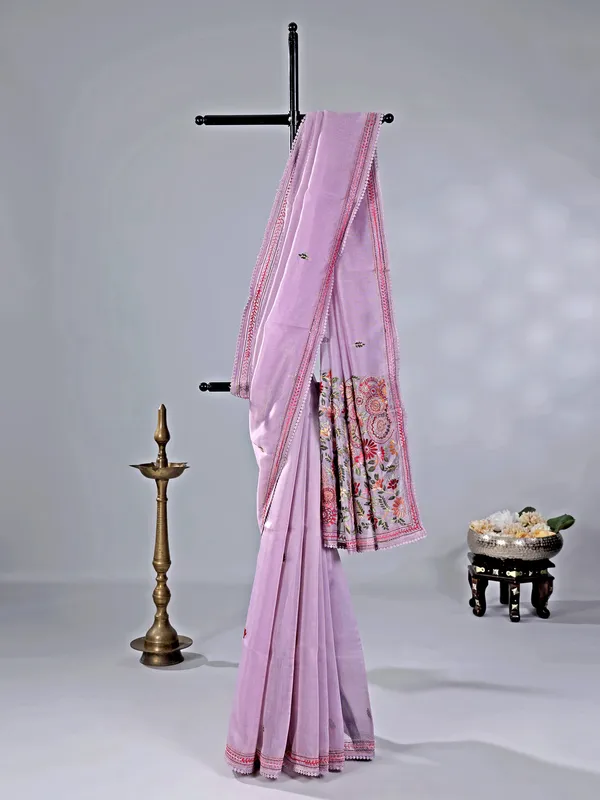 Lilac purple cotton silk saree for festivals