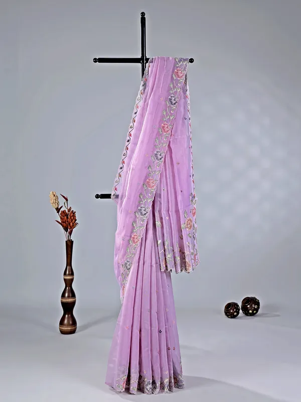 Lilac purple cotton silk saree with thread work
