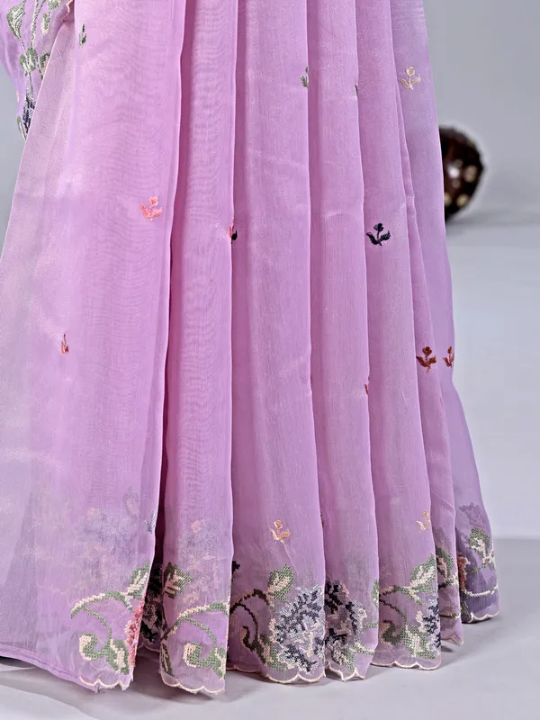Lilac purple cotton silk saree with thread work