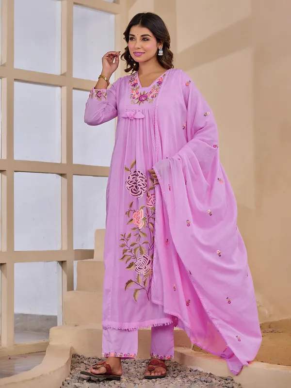Lilac purple embroidered kurti set