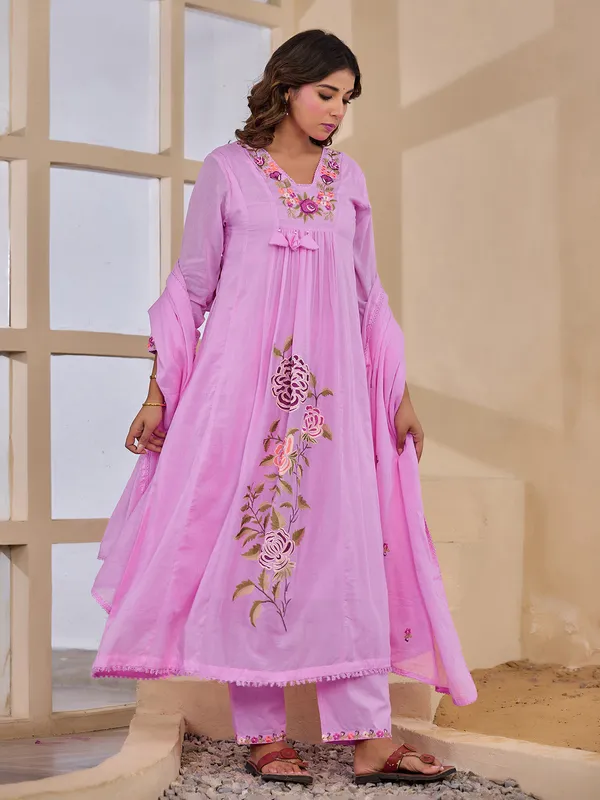 Lilac purple embroidered kurti set