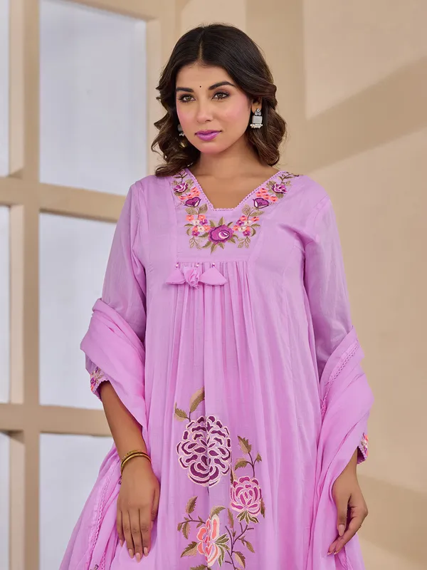 Lilac purple embroidered kurti set