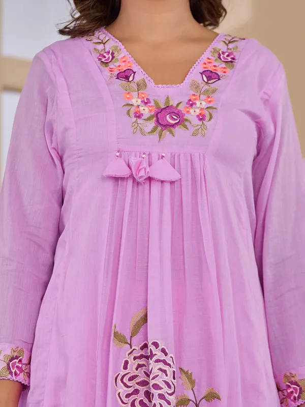 Lilac purple embroidered kurti set