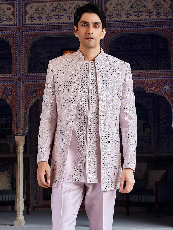 Pink fabulous raw silk indo western for men