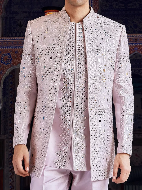 Pink fabulous raw silk indo western for men