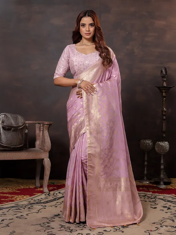 Lilac purple festive wear dola silk saree