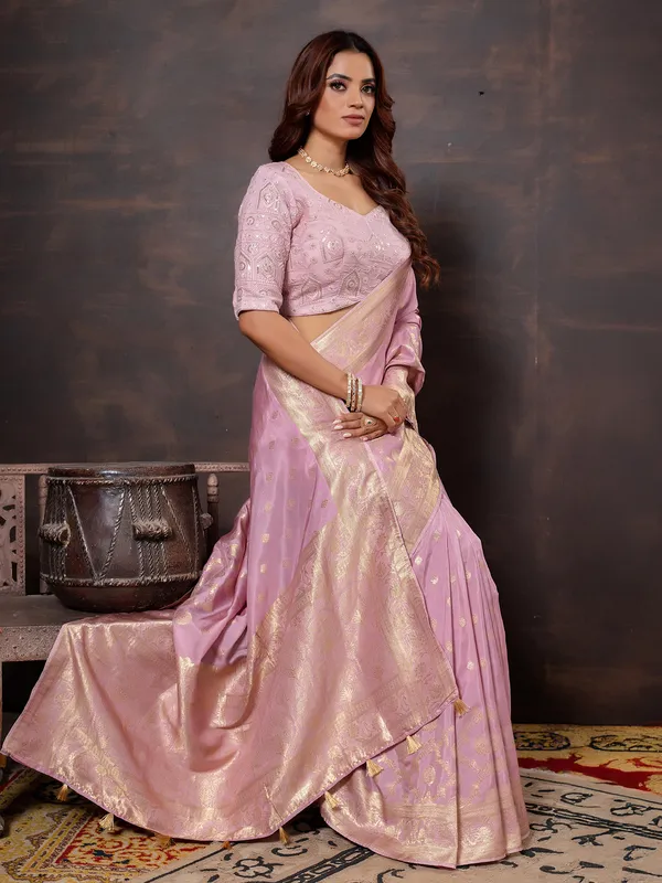 Lilac purple festive wear dola silk saree