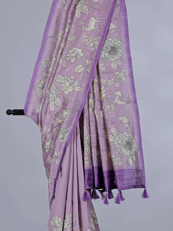 Lilac purple floral art silk saree with resham detailing