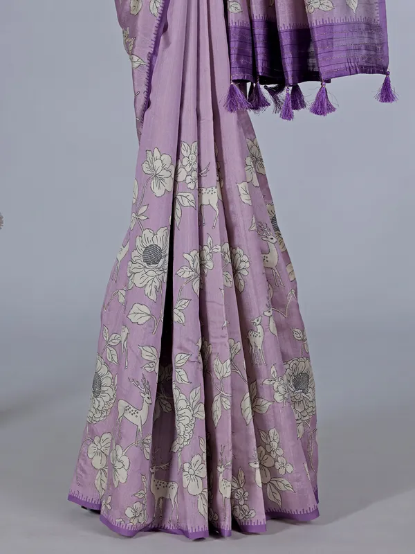 Lilac purple floral art silk saree with resham detailing