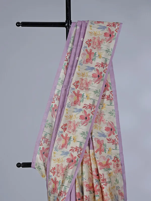 Lilac purple floral semi silk saree with resham weaving