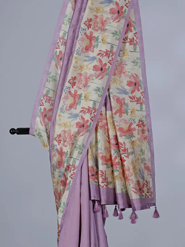 Lilac purple floral semi silk saree with resham weaving