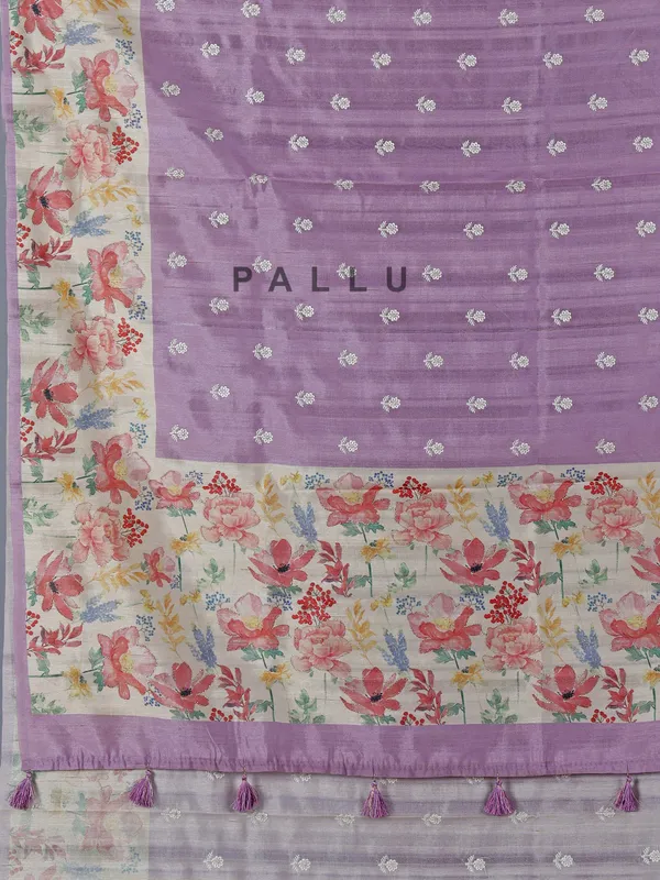 Lilac purple floral semi silk saree with resham weaving