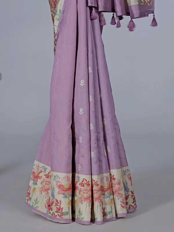 Lilac purple floral semi silk saree with resham weaving
