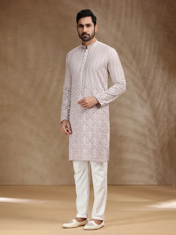 Lilac purple georgette festive kurta pajama for men