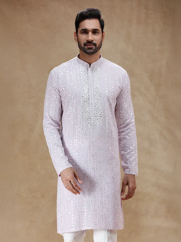 Lilac purple georgette kurta pajama with aabla embellishment