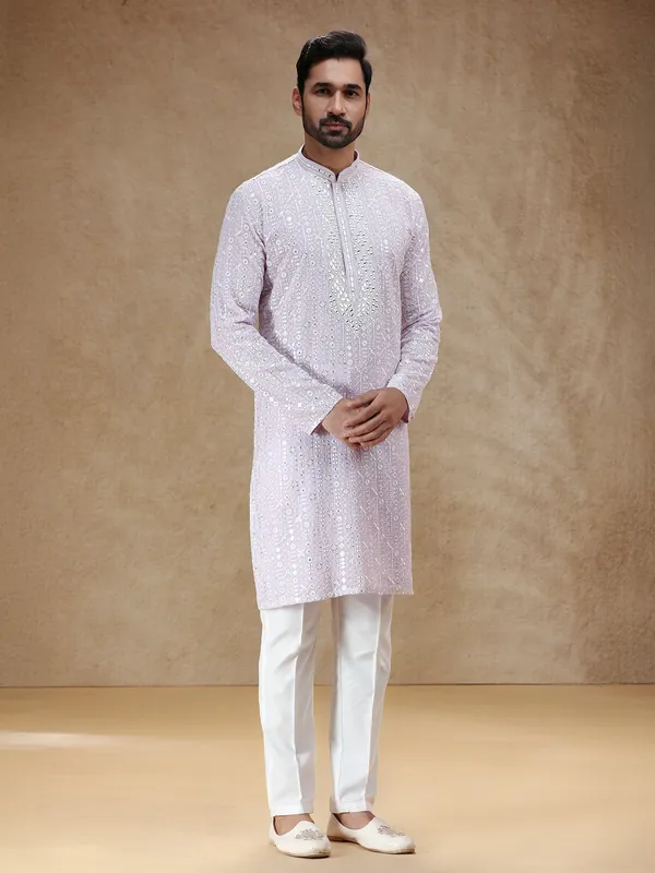 Lilac purple georgette kurta pajama with aabla embellishment