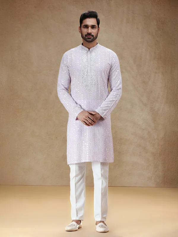 Lilac purple georgette kurta pajama with aabla embellishment