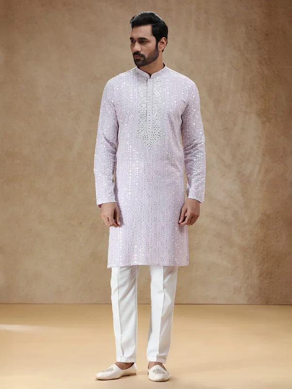 Lilac purple georgette kurta pajama with aabla embellishment