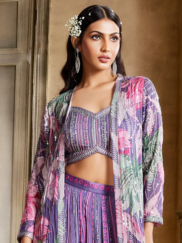 Lilac purple georgette printed palazzo suit