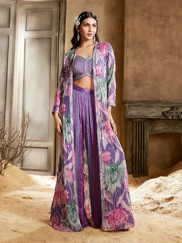 Lilac purple georgette printed palazzo suit