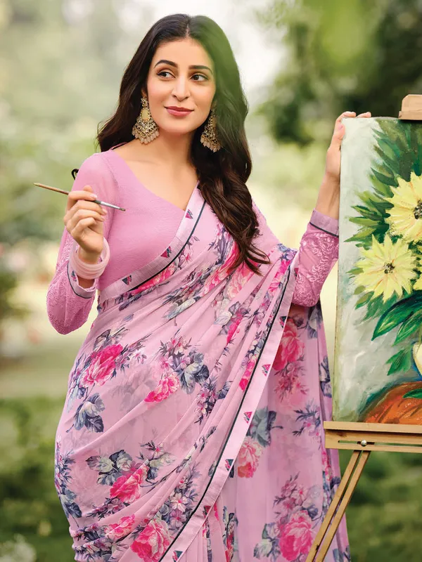 Lilac purple georgette saree for casual