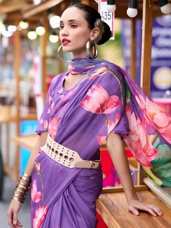 Lilac purple georgette saree in printed