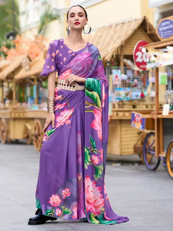Lilac purple georgette saree in printed