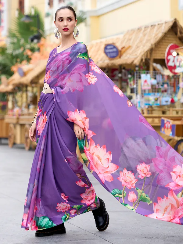 Lilac purple georgette saree in printed