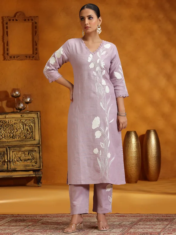 Lilac purple kurti set for women in cotton
