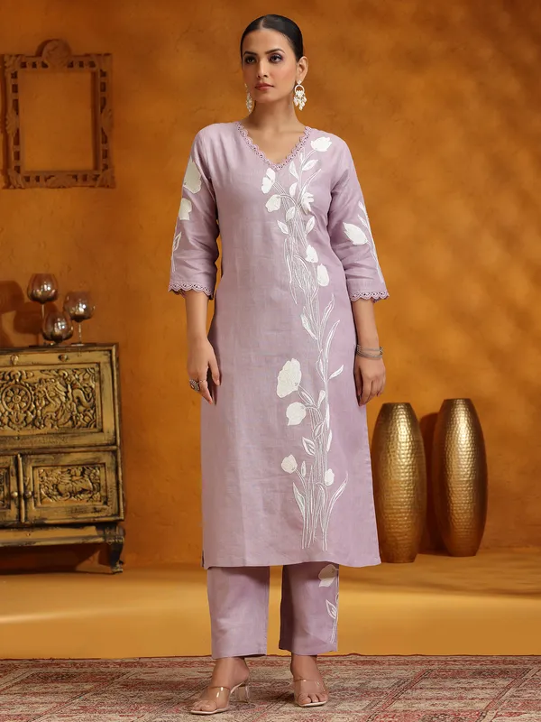 Lilac purple kurti set for women in cotton
