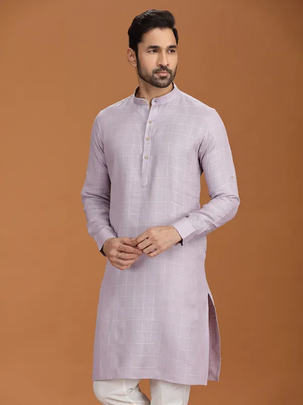 Lilac purple linen festive checked kurta set for mens