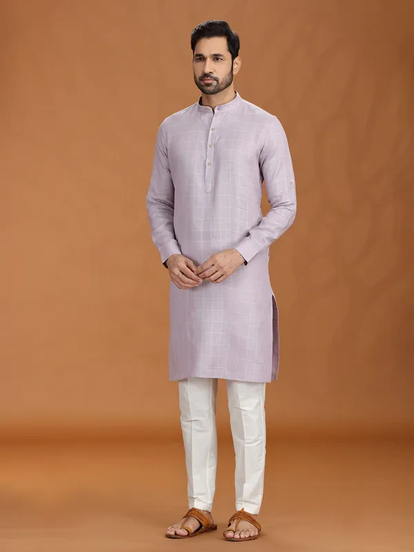 Lilac purple linen festive checked kurta set for mens