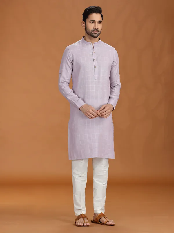 Lilac purple linen festive checked kurta set for mens