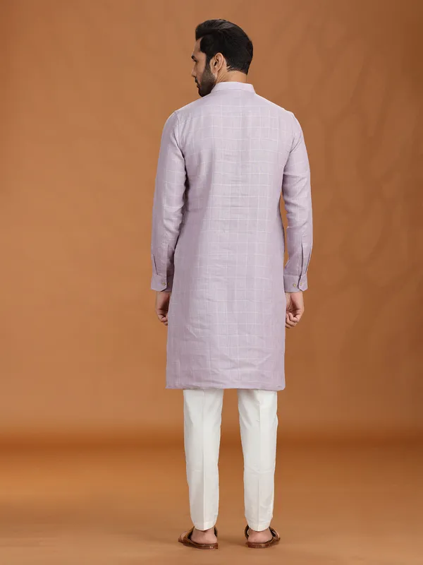 Lilac purple linen festive checked kurta set for mens