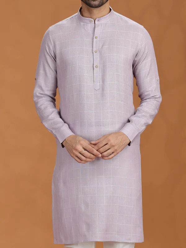 Lilac purple linen festive checked kurta set for mens