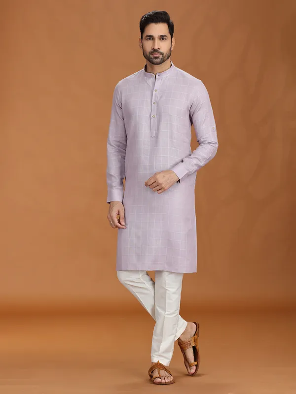 Lilac purple linen festive checked kurta set for mens