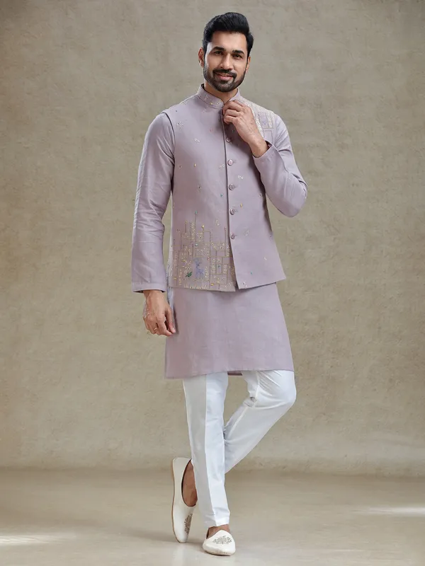 Lilac purple linen kurta jacket set in mirror work