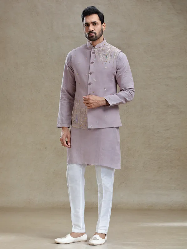 Lilac purple linen kurta jacket set in mirror work