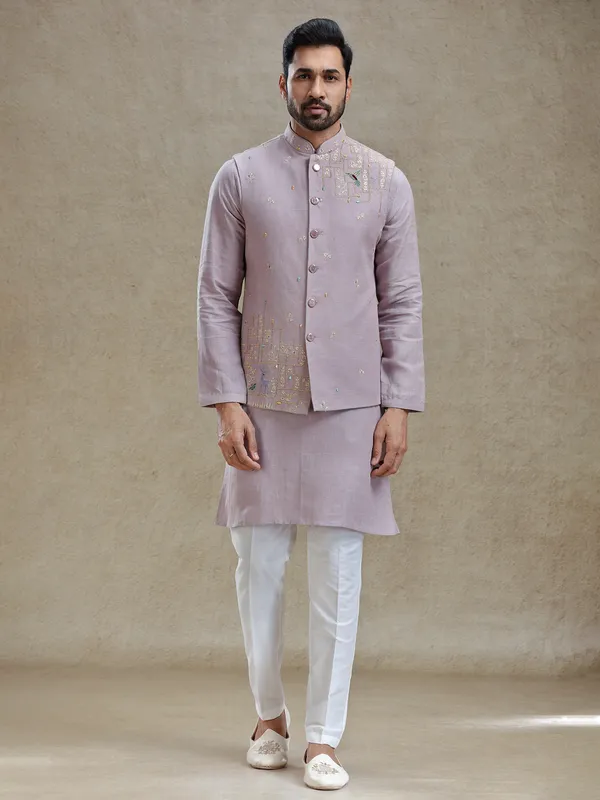 Lilac purple linen kurta jacket set in mirror work