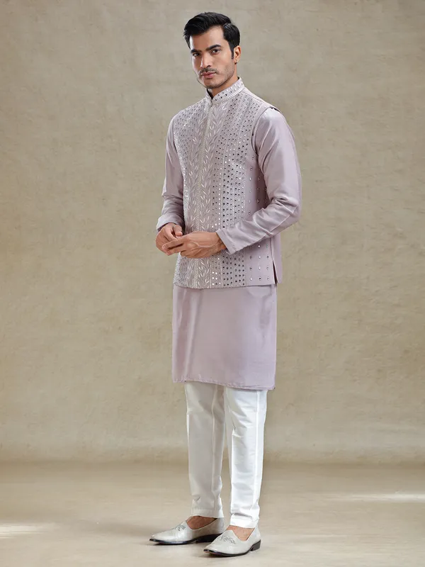 Lilac purple linen waistcoat set in mirror work
