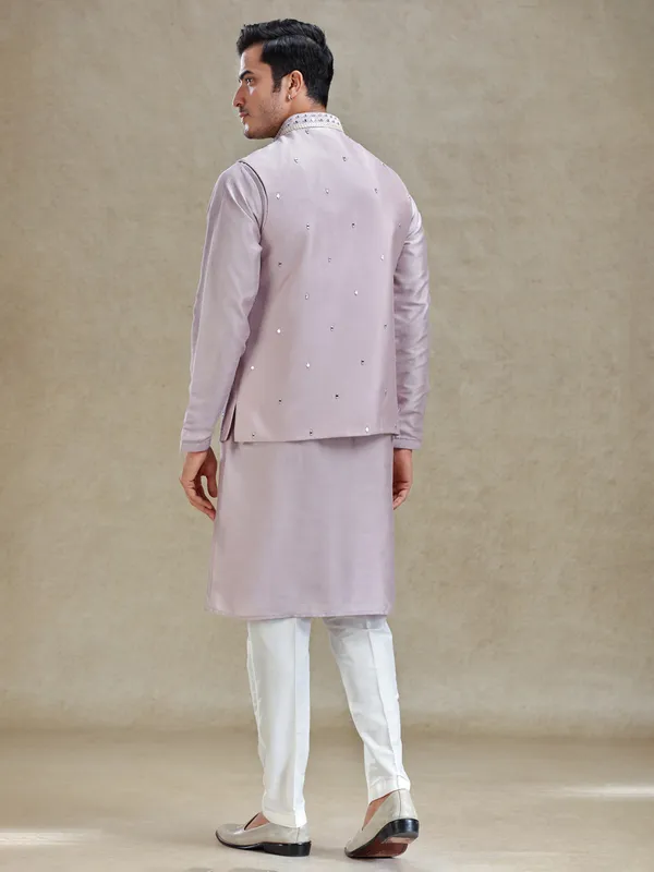 Lilac purple linen waistcoat set in mirror work