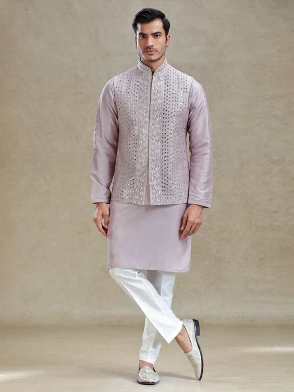 Lilac purple linen waistcoat set in mirror work