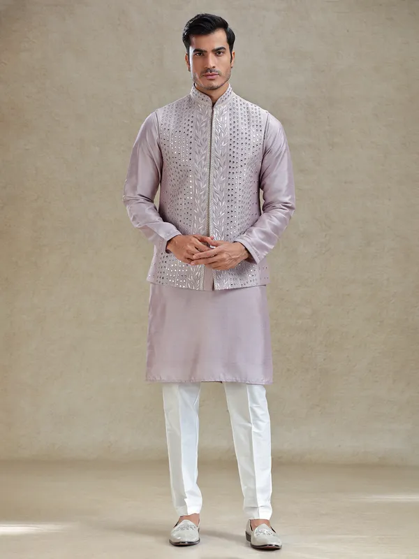 Lilac purple linen waistcoat set in mirror work