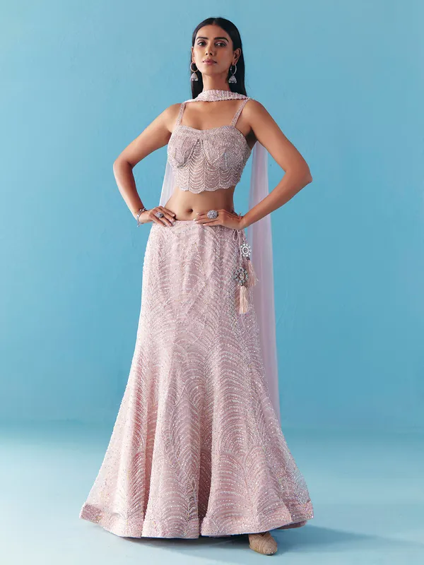 Lilac purple net designer lehenga choli with dupatta