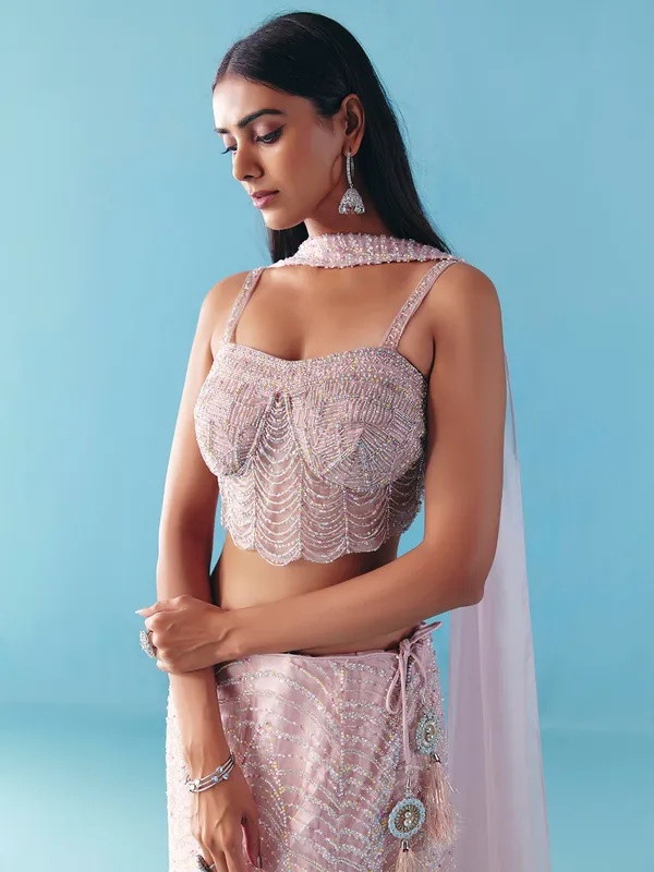 Lilac purple net designer lehenga choli with dupatta