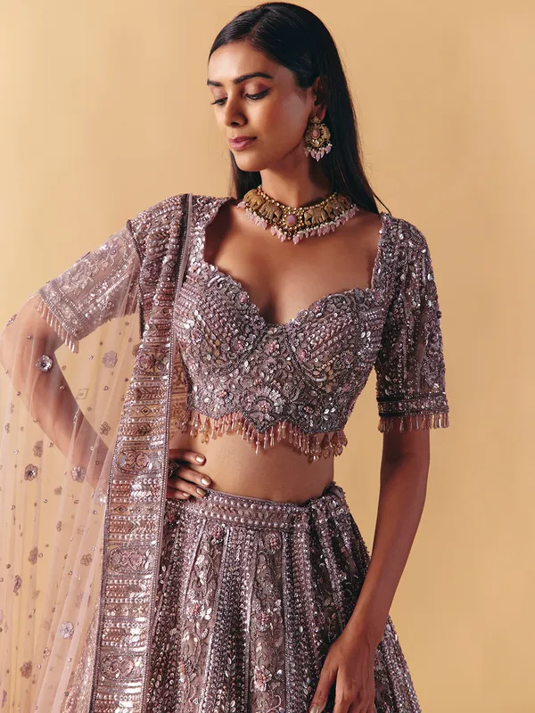 Lilac purple net lehenga choli with diamond radiance